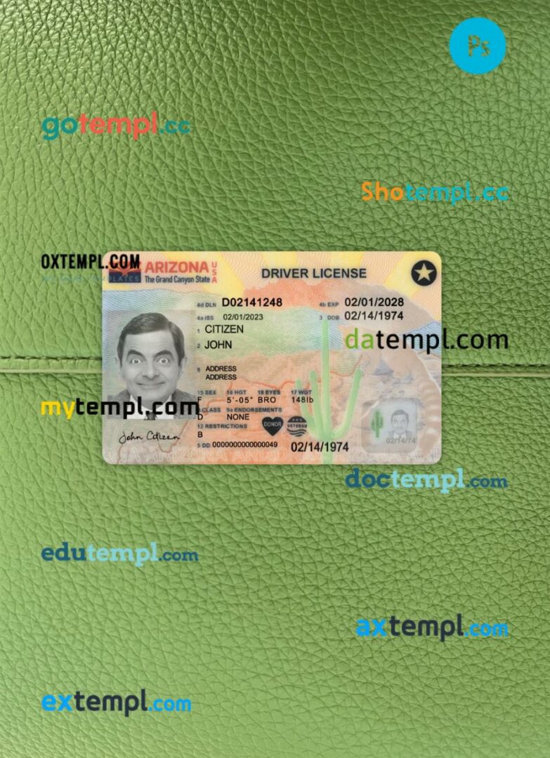 USA Arizona driving license PSD files, scan look and photographed image, 2 in 1, 2023-present