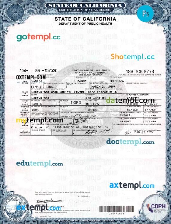 USA California birth certificate template in PSD format