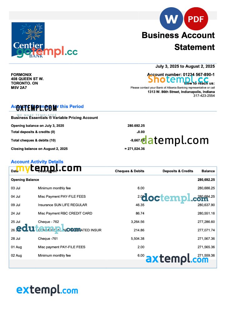 USA Indiana Centier firm account statement Word and PDF template