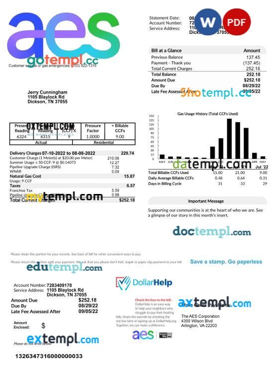 USA Tennessee AES gas utility Bill template in Word and PDF format