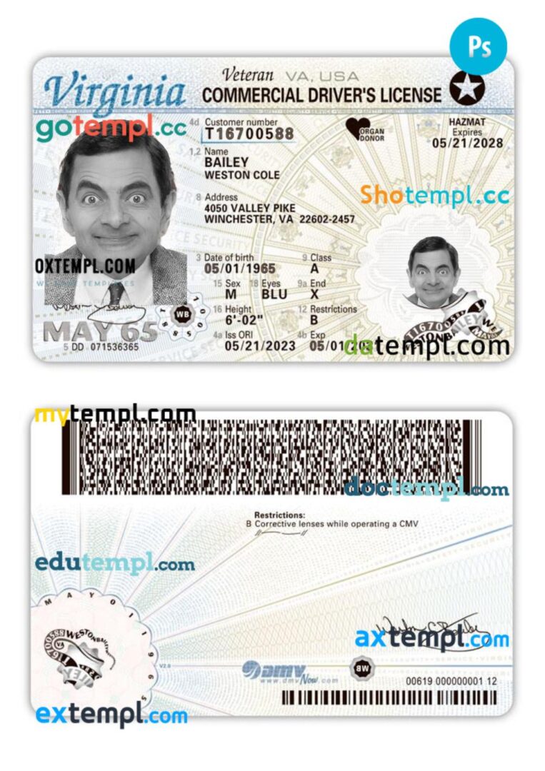 USA Virginia commercial driving license PSD editable template, 2023-present